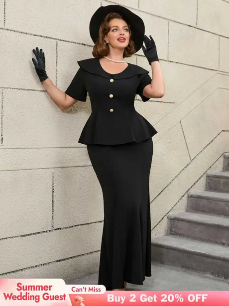 Black Ruffle Hem Short Sleeve Mermaid Vintage Suit Set


