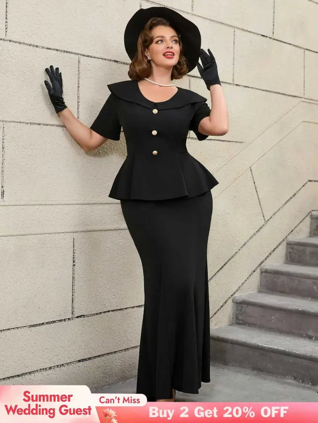 Black Ruffle Hem Short Sleeve Mermaid Vintage Suit Set

