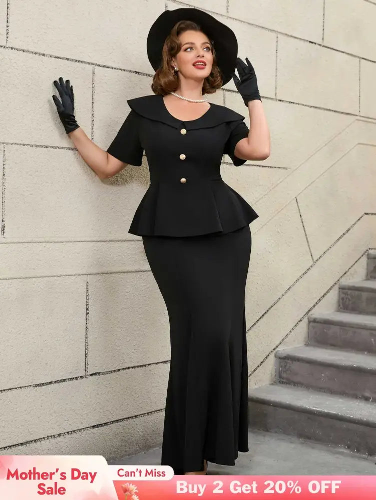 Black Ruffle Hem Short Sleeve Mermaid Vintage Suit Set

