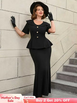 Black Ruffle Hem Short Sleeve Mermaid Vintage Suit Set

