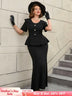 Black Ruffle Hem Short Sleeve Mermaid Vintage Suit Set

