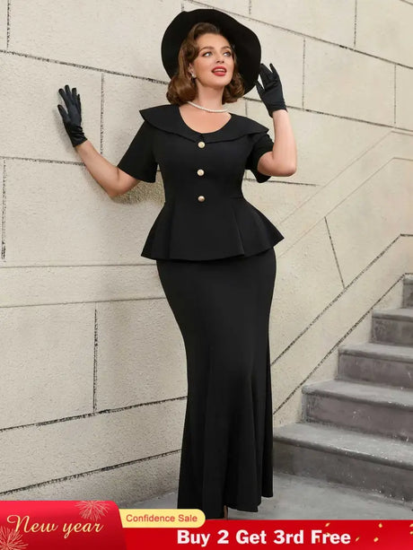 Black Ruffle Hem Short Sleeve Mermaid Vintage Suit Set

