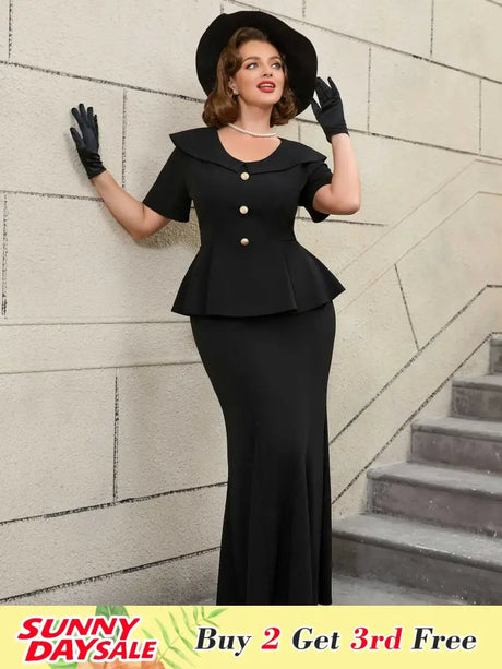 Black Ruffle Hem Short Sleeve Mermaid Vintage Suit Set

