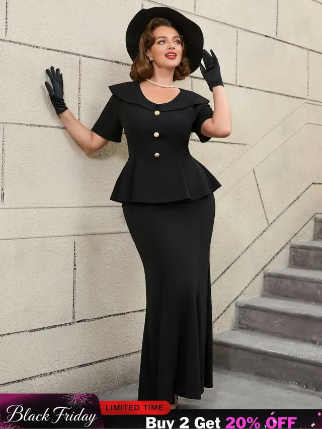 Black Ruffle Hem Short Sleeve Mermaid Vintage Suit Set

