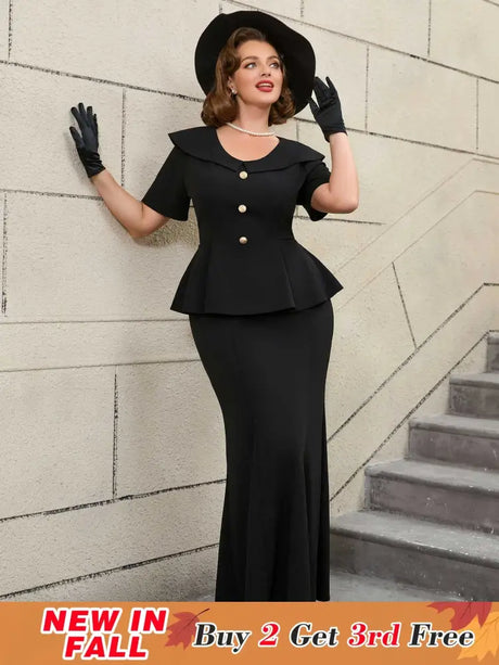 Black Ruffle Hem Short Sleeve Mermaid Vintage Suit Set

