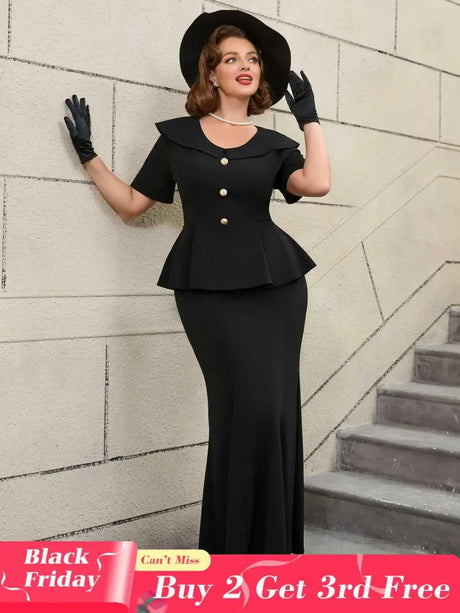 Black Ruffle Hem Short Sleeve Mermaid Vintage Suit Set

