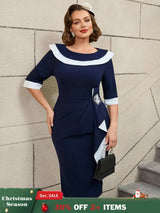 AOMEIDRESS Vintage Contrast Beaded Boat Neck Slim Fit Dress
