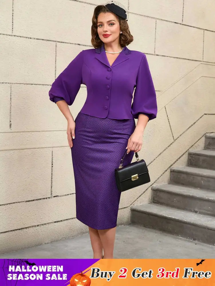 AOMEIDRESS Vintage Digital Print Collar Midi Dress Set Office Style
