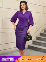 AOMEIDRESS Vintage Digital Print Collar Midi Dress Set Office Style
