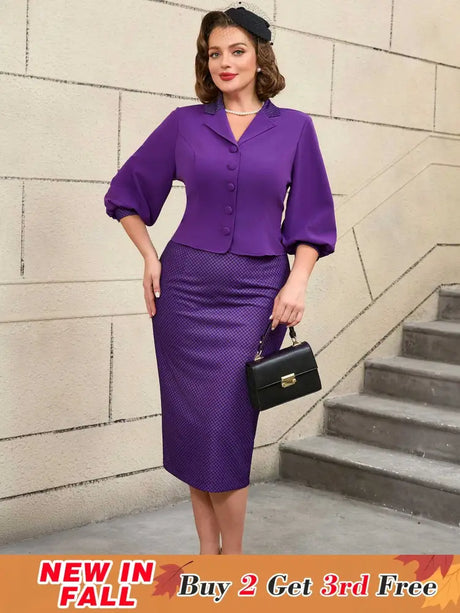 AOMEIDRESS Vintage Digital Print Collar Midi Dress Set Office Style
