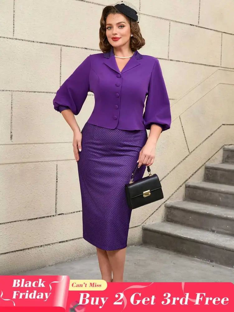 AOMEIDRESS Vintage Digital Print Collar Midi Dress Set Office Style
