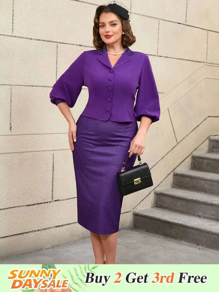 AOMEIDRESS Vintage Digital Print Collar Midi Dress Set Office Style
