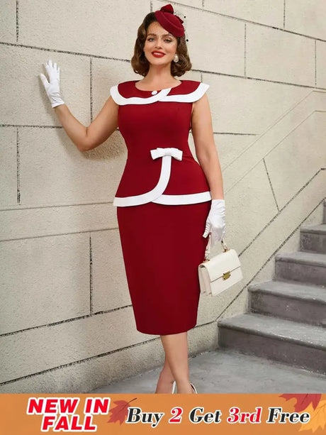 AOMEIDRESS Vintage Dresses Turn Down Collar Colorblock Bodycon Dress Wine / S