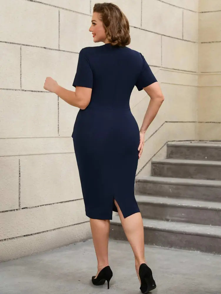 Elegant Colorblock Short Sleeve Fitted Midi Dress Retro Style

