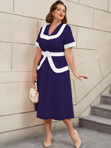 AOMEIDRESS Vintage Pink Dress Colorblock A Line Spring Style Navy / S