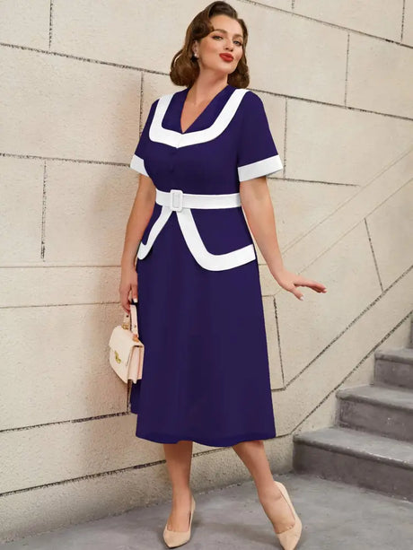 AOMEIDRESS Vintage Pink Dress Colorblock A Line Spring Style Navy / S