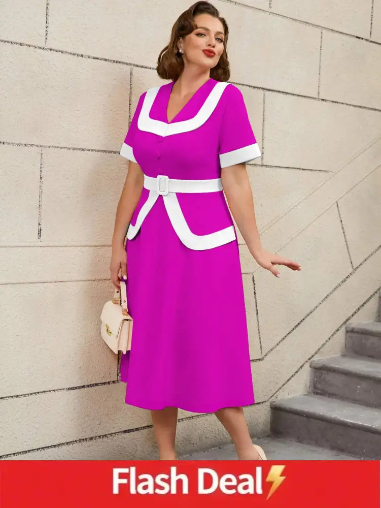 AOMEIDRESS Vintage Pink Dress Colorblock A Line Spring Style