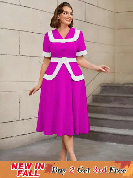AOMEIDRESS Vintage Pink Dress Colorblock A Line Spring Style Rose / S