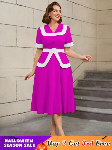AOMEIDRESS Vintage Pink Dress Colorblock A Line Spring Style Rose / S