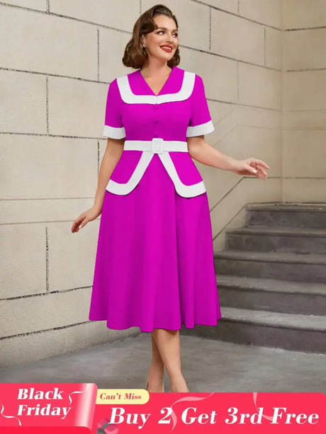 AOMEIDRESS Vintage Pink Dress Colorblock A Line Spring Style Rose / S