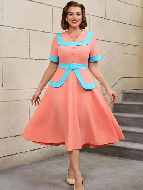 AOMEIDRESS Vintage Pink Dress Colorblock A Line Spring Style Pink / S