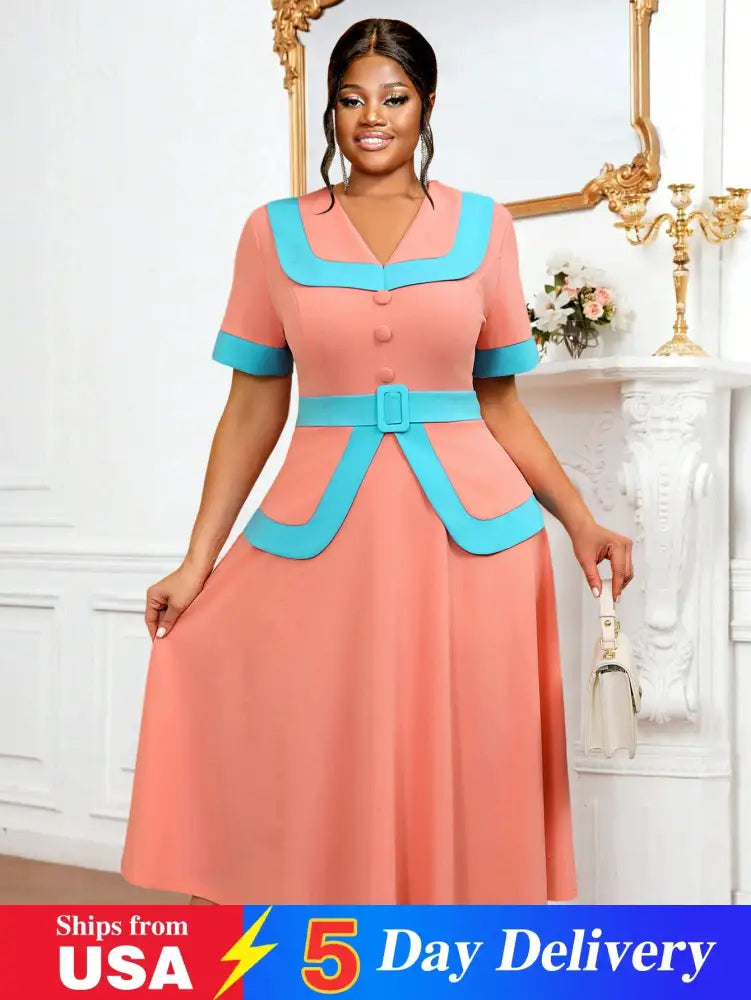 AOMEIDRESS Vintage Pink Dress Half Sleeves V Neck A Line Spring Style Pink / 0XL