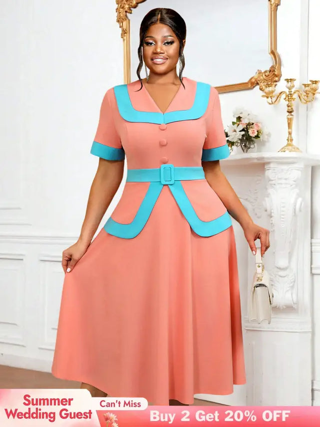 AOMEIDRESS Vintage Pink Dress Half Sleeves V Neck A Line Spring Style Pink / 0XL