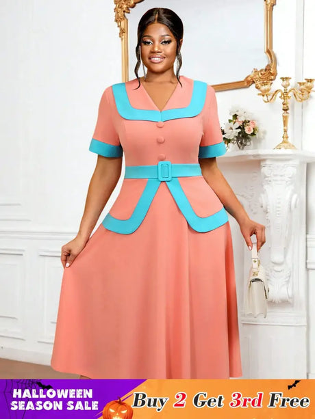 AOMEIDRESS Vintage Pink Dress Half Sleeves V Neck A Line Spring Style Pink / 0XL