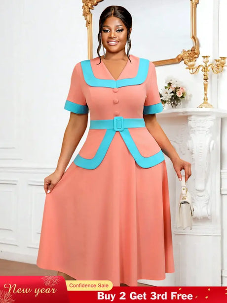 AOMEIDRESS Vintage Pink Dress Half Sleeves V Neck A Line Spring Style Pink / 0XL