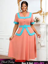 AOMEIDRESS Vintage Pink Dress Half Sleeves V Neck A Line Spring Style Pink / 0XL