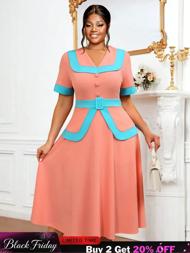 AOMEIDRESS Vintage Pink Dress Half Sleeves V Neck A Line Spring Style Pink / 0XL