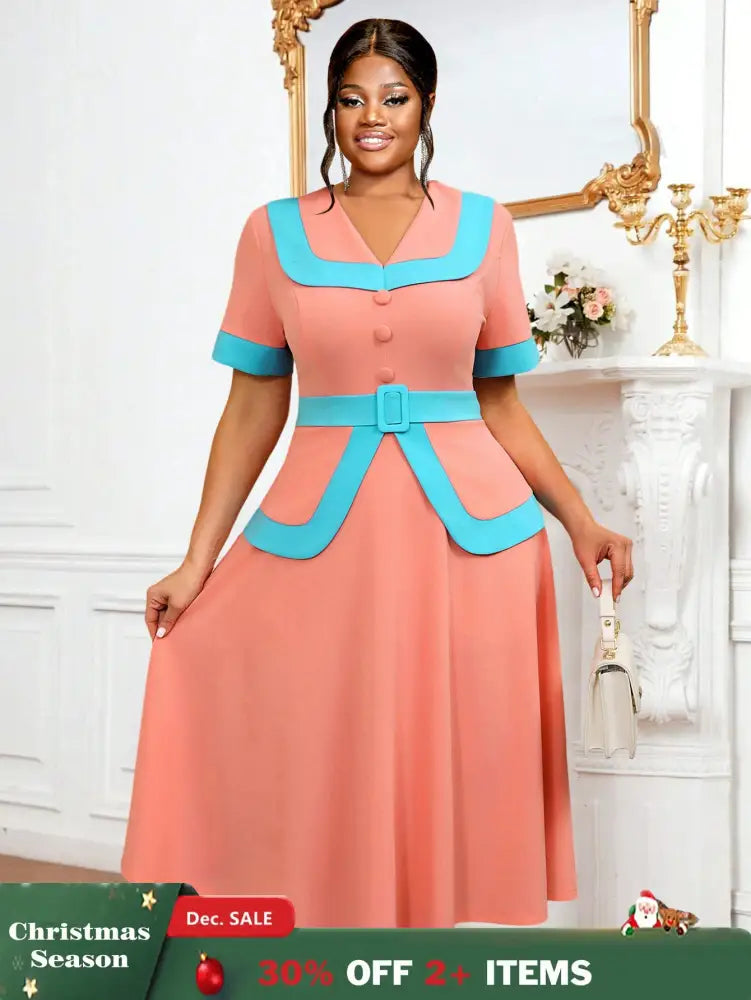 AOMEIDRESS Vintage Pink Dress Half Sleeves V Neck A Line Spring Style Pink / 0XL