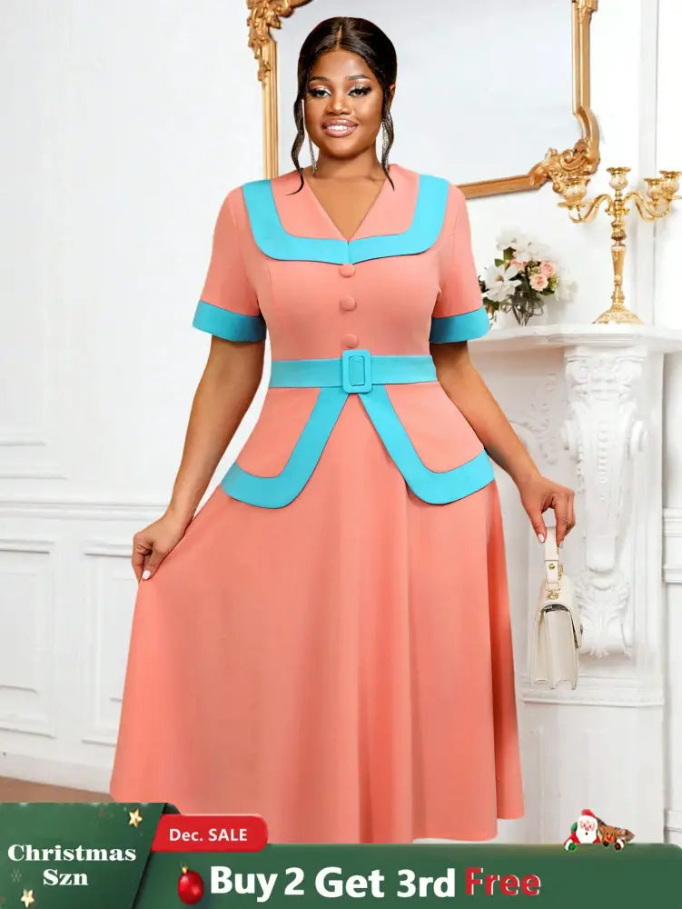 AOMEIDRESS Vintage Pink Dress Half Sleeves V Neck A Line Spring Style Pink / 0XL