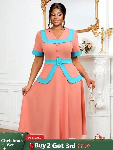 AOMEIDRESS Vintage Pink Dress Half Sleeves V Neck A Line Spring Style Pink / 0XL