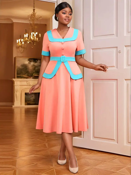 AOMEIDRESS Vintage Pink Dress Half Sleeves V Neck A Line Spring Style