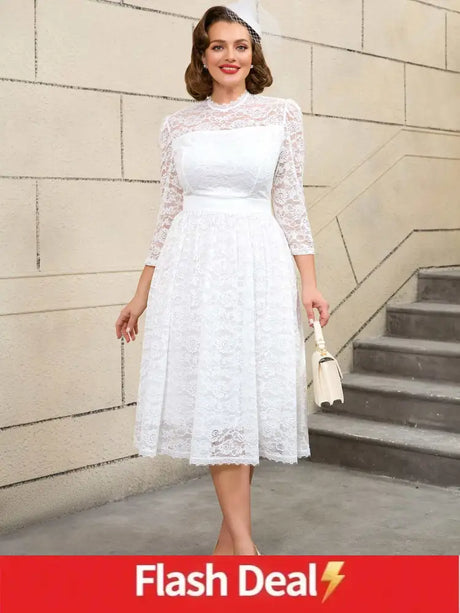 AOMEIDRESS Vintage Style White Lace Dress with Long Sleeves for Women
