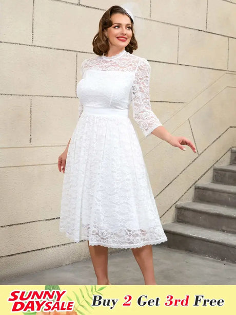 AOMEIDRESS Vintage Style White Lace Dress with Long Sleeves for Women White / S
