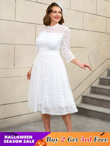 AOMEIDRESS Vintage Style White Lace Dress with Long Sleeves for Women White / S