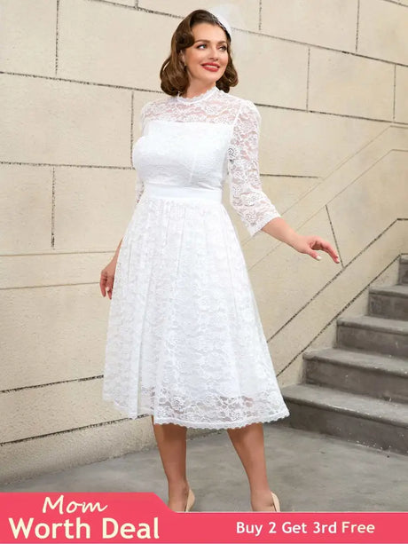 AOMEIDRESS Vintage Style White Lace Dress with Long Sleeves for Women White / S