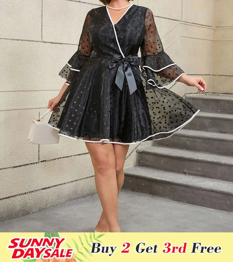 AOMEIDRESS Vintage Swing Dress A Line Dot Plus Size Bow Flare Sleeve Black / 0XL