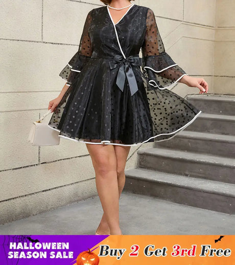 AOMEIDRESS Vintage Swing Dress A Line Dot Plus Size Bow Flare Sleeve Black / 0XL