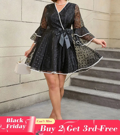 AOMEIDRESS Vintage Swing Dress A Line Dot Plus Size Bow Flare Sleeve Black / 0XL