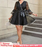 AOMEIDRESS Vintage Swing Dress A Line Dot Plus Size Bow Flare Sleeve Black / 0XL