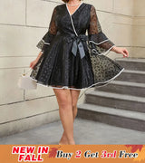 AOMEIDRESS Vintage Swing Dress A Line Dot Plus Size Bow Flare Sleeve Black / 0XL
