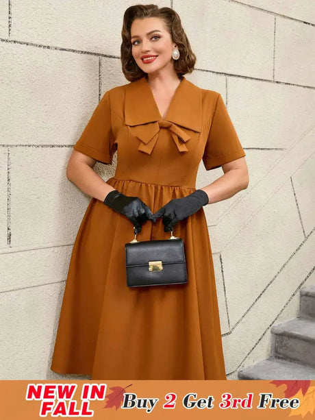 AOMEIDRESS Vintage Turn Down Collar Bow Tie A Line Midi Dress
