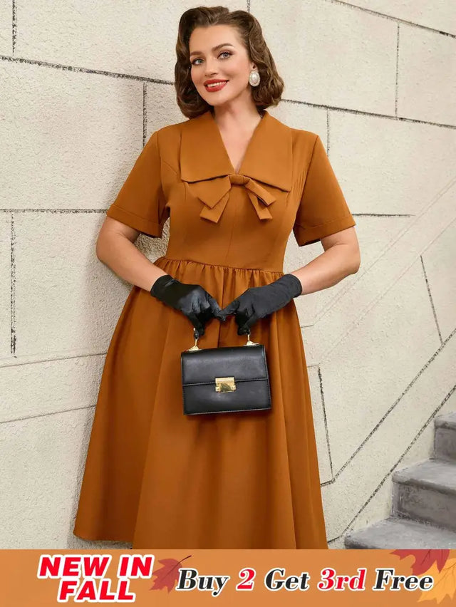 AOMEIDRESS Vintage Turn Down Collar Bow Tie A Line Midi Dress
