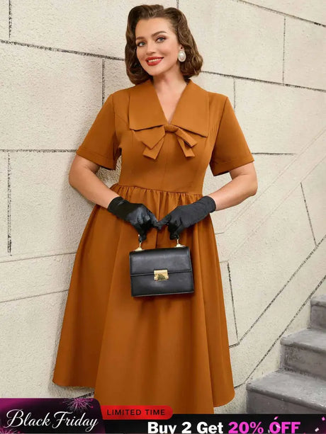AOMEIDRESS Vintage Turn Down Collar Bow Tie A Line Midi Dress
