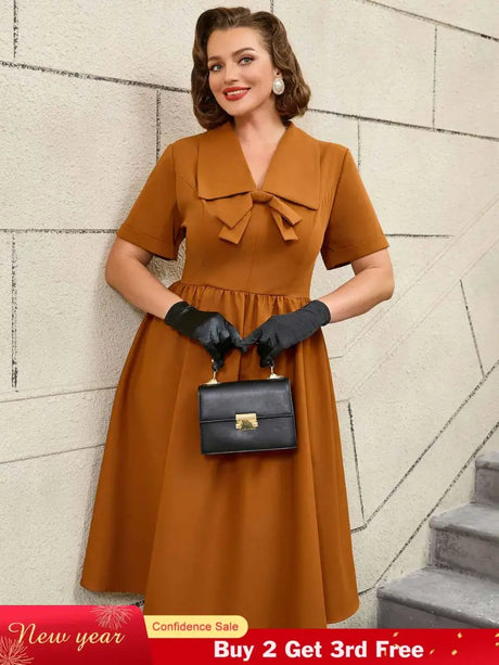 AOMEIDRESS Vintage Turn Down Collar Bow Tie A Line Midi Dress

