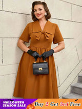 AOMEIDRESS Vintage Turn Down Collar Bow Tie A Line Midi Dress
