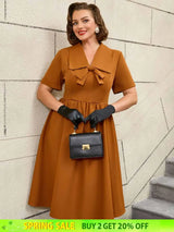 AOMEIDRESS Vintage Turn Down Collar Bow Tie A Line Midi Dress
